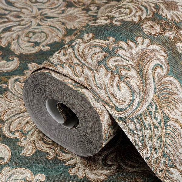 Green Rich Baroque Damask Wallpaper Deep Embossed Shimmering Vintage Design - Walloro High End Wallcoverings & More