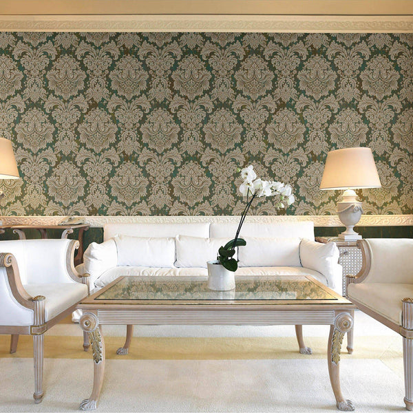 Green Rich Baroque Damask Wallpaper Deep Embossed Shimmering Vintage Design - Walloro High End Wallcoverings & More