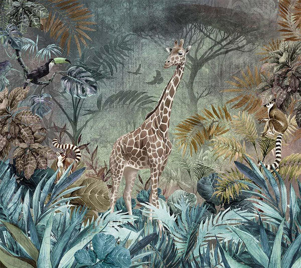 Green Tropical Forest Theme Wallpaper, Animals Wall Mural, Giraffe, Birds, Leaves, Jungle, Non-Pasted, Large Wall Art, Removable, Nature Theme - Walloro High End Wallcoverings & More