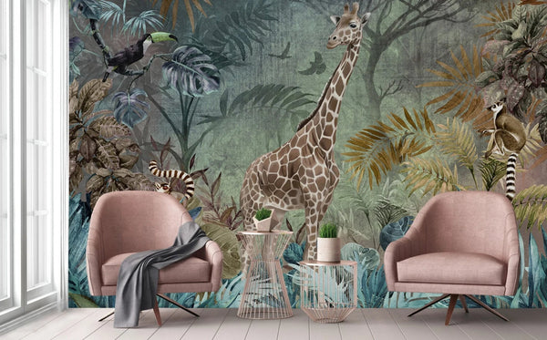 Green Tropical Forest Theme Wallpaper, Animals Wall Mural, Giraffe, Birds, Leaves, Jungle, Non - Pasted, Large Wall Art, Removable, Nature Theme - Adawall Wallpaper - Registered Trade Accounts Only, Wallpaper Wholesale Account - A312-1 - Adawall Wholesale - Wallpaper Wholesaler