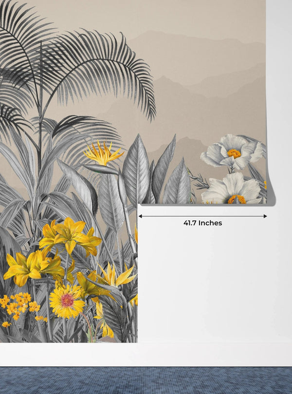 Grey Plants Wallpaper, Yellow Flowers Mural, Oversized Custom Size Wall Art, Non - Woven, Non - Adhesive, Modern Wall Paper, Removable - Adawall Wallpaper - Registered Trade Accounts Only, Wallpaper Wholesale Account - W77842 - Adawall Wholesale - Wallpaper Wholesaler