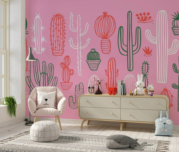 Hand Drawn Cactus Wallpaper, Pink Background Mural, Oversized Custom Size Wall Art, Non - Woven, Non - Adhesive, Modern Wall Paper, Removable - Adawall Wallpaper - Registered Trade Accounts Only, Wallpaper Wholesale Account - W78206 - Adawall Wholesale - Wallpaper Wholesaler