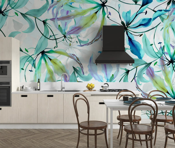 Hand Painted Flowers Shibori Wallpaper, Blue and Green Mural, Oversized Custom Size Wall Art, Non - Woven, Non - Adhesive, Modern Wall Paper, Removable - Adawall Wallpaper - Registered Trade Accounts Only, Wallpaper Wholesale Account - W77578 - Adawall Wholesale - Wallpaper Wholesaler