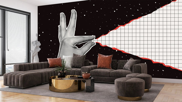 Hand Pulls a Sheet of Checkered Paper Wallpaper, Outer Space Background Mural, Oversized Custom Size Wall Art, Non - Woven, Non - Adhesive, Modern Wall Paper, Removable - Adawall Wallpaper - Registered Trade Accounts Only, Wallpaper Wholesale Account - W77638 - Adawall Wholesale - Wallpaper Wholesaler