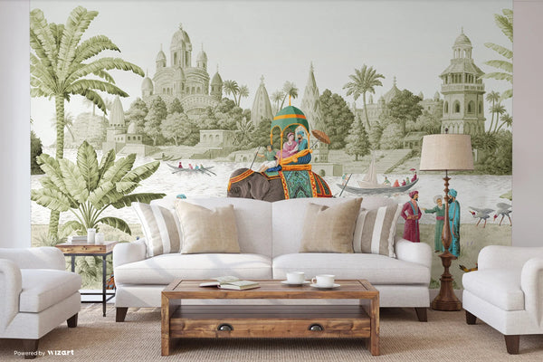 Indian Elephant Scene Wallpaper, Early Morning of India Historical Wall Mural, Green Custom Size Wall Covering, Non-Woven, Non-Pasted, Removable - Walloro High End Wallcoverings & More