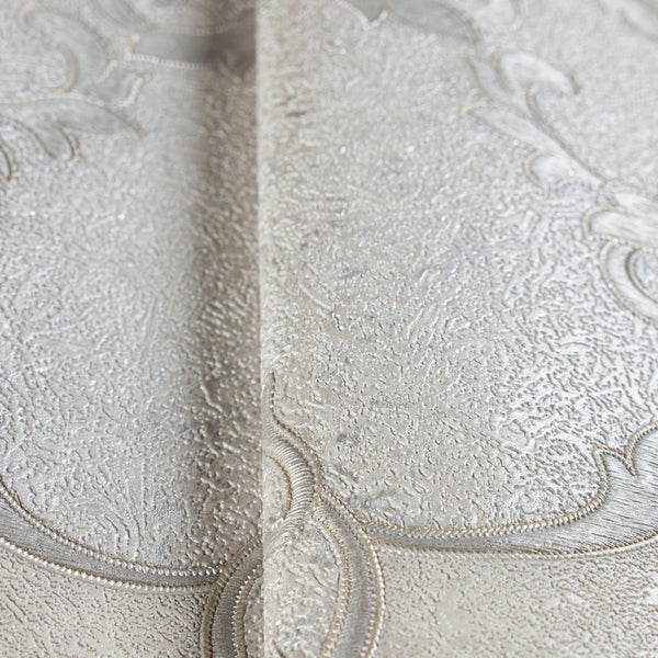 Italian Damask Embossed Wallpaper, Light Gray Sparkling Neutral Colors Luxury Wallcovering, 3D Textured, Non-Woven, Non-Pasted - Walloro High End Wallcoverings & More