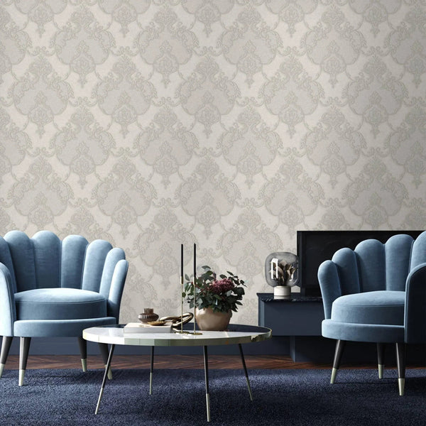 Italian Damask Embossed Wallpaper, Light Gray Sparkling Neutral Colors Luxury Wallcovering, 3D Textured, Non - Woven, Non - Pasted - Adawall Wallpaper - Registered Trade Accounts Only, Wallpaper Wholesale Account - 1403-4 - Adawall Wholesale - Wallpaper Wholesaler