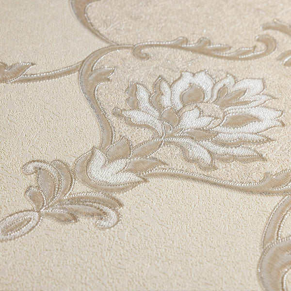 Italian Damask Embossed Wallpaper, Sparkling Neutral Colors Luxury Wallcovering - Walloro High End Wallcoverings & More