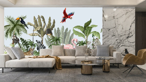 Jungle Animals Wallpaper, Flowers Mural, Oversized Custom Size Wall Art, Non - Woven, Non - Adhesive, Modern Wall Paper, Removable - Adawall Wallpaper - Registered Trade Accounts Only, Wallpaper Wholesale Account - W77660 - Adawall Wholesale - Wallpaper Wholesaler