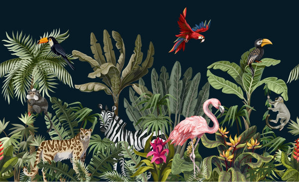 Jungle Animals Wallpaper, Tropical Plants Mural, Oversized Custom Size Wall Art, Non - Woven, Non - Adhesive, Modern Wall Paper, Removable - Adawall Wallpaper - Registered Trade Accounts Only, Wallpaper Wholesale Account - W77657 - Adawall Wholesale - Wallpaper Wholesaler
