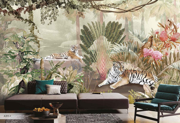 jungle Tigers Wall Mural, Ivory Nature Forest Theme Wallpaper, Custom Large Wall Mural, Non - Adhesive, Washable, Removable Wall Paper, Birds, Non - Woven Back - Adawall Wallpaper - Registered Trade Accounts Only, Wallpaper Wholesale Account - A311-1 - Adawall Wholesale - Wallpaper Wholesaler