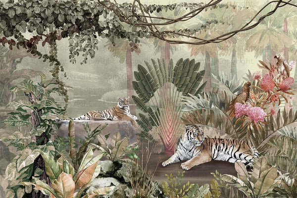 jungle Tigers Wall Mural, Ivory Nature Forest Theme Wallpaper, Custom Large Wall Mural, Non - Adhesive, Washable, Removable Wall Paper, Birds, Non - Woven Back - Adawall Wallpaper - Registered Trade Accounts Only, Wallpaper Wholesale Account - A311-1 - Adawall Wholesale - Wallpaper Wholesaler