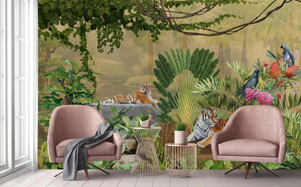 jungle Tigers Wall Mural, Yellow Nature Forest Theme Wallpaper, Custom Large Wall Mural, Non - Adhesive, Washable, Removable Wall Paper, Birds, Non - Woven Back - Adawall Wallpaper - Registered Trade Accounts Only, Wallpaper Wholesale Account - A311-2 - Adawall Wholesale - Wallpaper Wholesaler