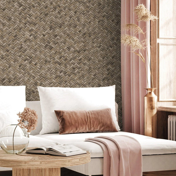 Jute Basket Weave Chevron Wallpaper, Brown 3D Deep Embossed Non-Woven Braided Geometric Pattern - Walloro High End Wallcoverings & More