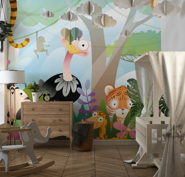 Kids Animals in Jungle Wallpaper, Wild Tropical Mural, Oversized Custom Size Wall Art, Non - Woven, Non - Adhesive, Modern Wall Paper, Removable - Adawall Wallpaper - Registered Trade Accounts Only, Wallpaper Wholesale Account - W77537 - Adawall Wholesale - Wallpaper Wholesaler