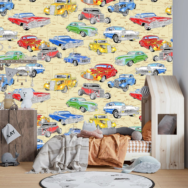 Kids Cars Wallpaper, Seamless Pattern Mural, Oversized Custom Size Wall Art, Non - Woven, Non - Adhesive, Modern Wall Paper, Removable - Adawall Wallpaper - Registered Trade Accounts Only, Wallpaper Wholesale Account - W77826 - Adawall Wholesale - Wallpaper Wholesaler