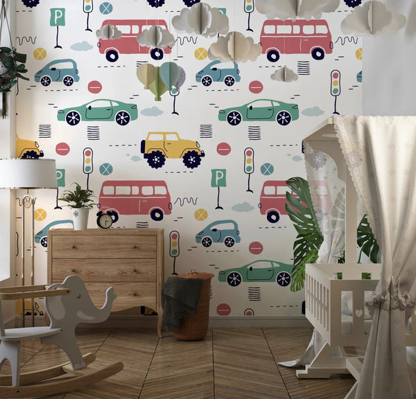 Kids Colorful Cars Wallpaper, Seamless Pattern Mural, Oversized Custom Size Wall Art, Non - Woven, Non - Adhesive, Modern Wall Paper, Removable - Adawall Wallpaper - Registered Trade Accounts Only, Wallpaper Wholesale Account - W78018 - Adawall Wholesale - Wallpaper Wholesaler