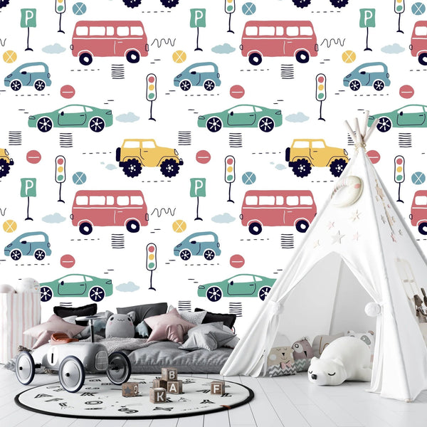 Kids Colorful Cars Wallpaper, Seamless Pattern Mural, Oversized Custom Size Wall Art, Non - Woven, Non - Adhesive, Modern Wall Paper, Removable - Adawall Wallpaper - Registered Trade Accounts Only, Wallpaper Wholesale Account - W78018 - Adawall Wholesale - Wallpaper Wholesaler
