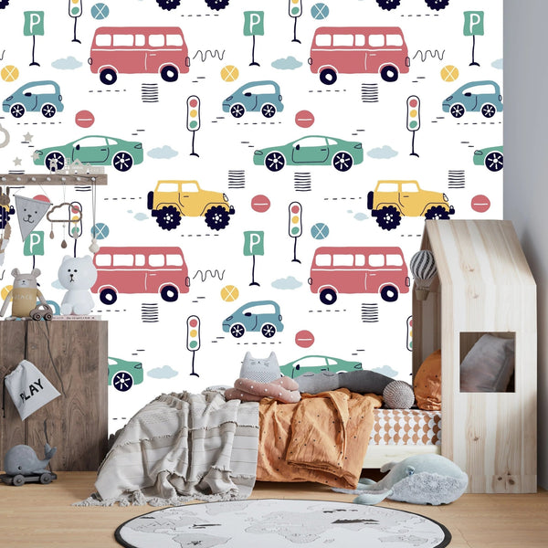 Kids Colorful Cars Wallpaper, Seamless Pattern Mural, Oversized Custom Size Wall Art, Non - Woven, Non - Adhesive, Modern Wall Paper, Removable - Adawall Wallpaper - Registered Trade Accounts Only, Wallpaper Wholesale Account - W78018 - Adawall Wholesale - Wallpaper Wholesaler
