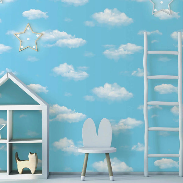 Kids Room Clouds Wallpaper, Textured Wallpaper, Blue Sky Theme Boys Girls Bedroom Wall Paper, Nursery Wallcovering, 114 sq ft Roll, Unisex - Walloro High End Wallcoverings & More