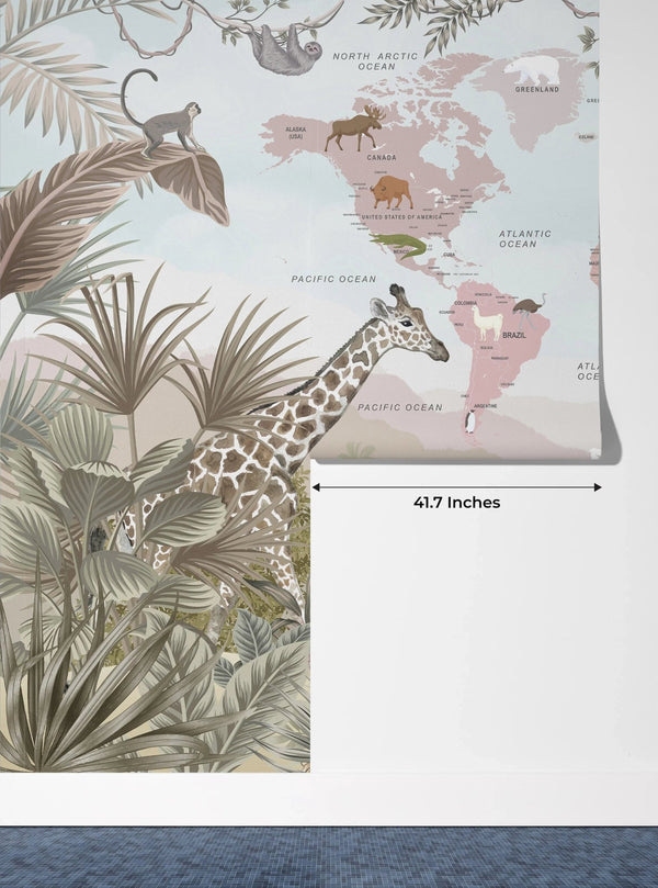 Kids World Map Wallpaper, Safari Animals Mural, Oversized Custom Size Wall Art, Non - Woven, Non - Adhesive, Modern Wall Paper, Removable - Adawall Wallpaper - Registered Trade Accounts Only, Wallpaper Wholesale Account - W78109 - Adawall Wholesale - Wallpaper Wholesaler