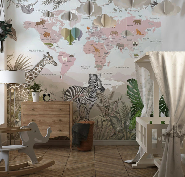 Kids World Map Wallpaper, Safari Animals Mural, Oversized Custom Size Wall Art, Non - Woven, Non - Adhesive, Modern Wall Paper, Removable - Adawall Wallpaper - Registered Trade Accounts Only, Wallpaper Wholesale Account - W78109 - Adawall Wholesale - Wallpaper Wholesaler