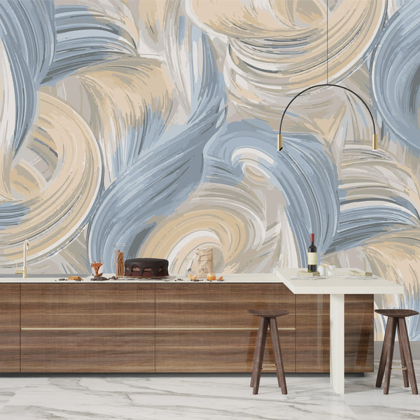 Abstract Blue and Beige Wallpaper, Seamless Pattern Mural, Oversized Custom Size Wall Art, Non-Woven, Non-Adhesive, Modern Wall Paper, Removable