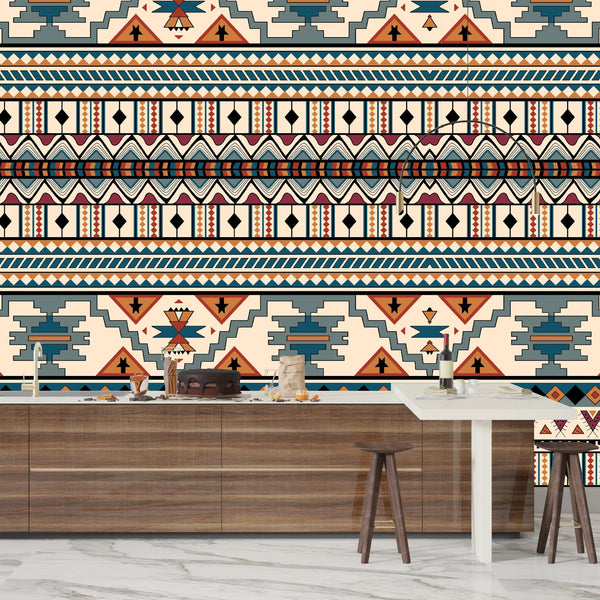 Ethnic Geometrical Wallpaper, Seamless Pattern Mural, Oversized Custom Size Wall Art, Non-Woven, Non-Adhesive, Modern Wall Paper, Removable