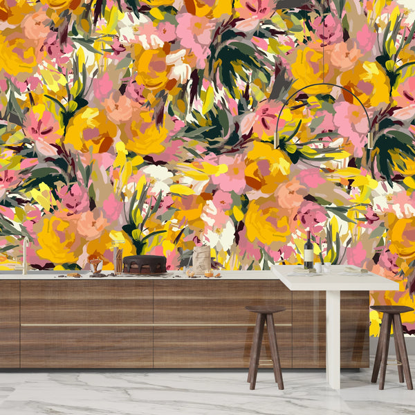 Oil Painted Floral Wallpaper, Seamless Pattern Mural, Oversized Custom Size Wall Art, Non-Woven, Non-Adhesive, Modern Wall Paper, Removable
