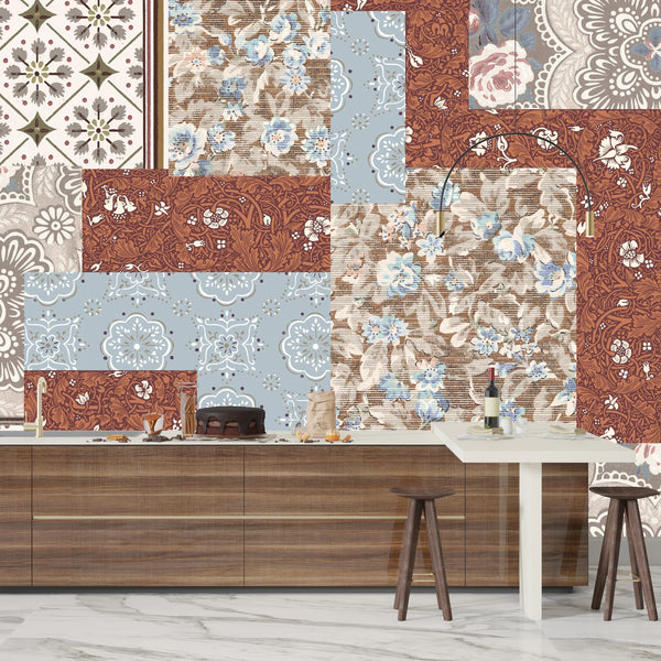 Floral Wallpaper, Brown and Blue Patchwork Mural, Oversized Custom Size Wall Art, Non-Woven, Non-Adhesive, Modern Wall Paper, Removable