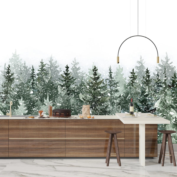 Winter Snowy Forest Wallpaper, Watercolor Mural, Oversized Custom Size Wall Art, Non-Woven, Non-Adhesive, Modern Wall Paper, Removable