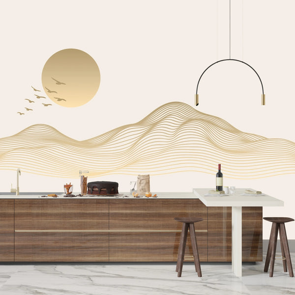 Abstract Gold Landscape Wallpaper, Mountain and Birds Mural, Oversized Custom Size Wall Art, Non-Woven, Non-Adhesive, Modern Wall Paper, Removable