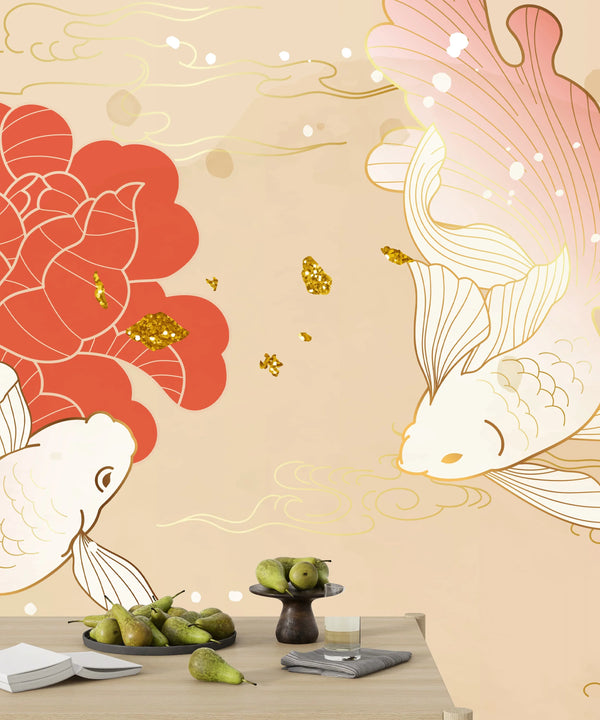 Chinese Goldfish Wallpaper, Luxury Gold Style Mural, Oversized Custom Size Wall Art, Non-Woven, Non-Adhesive, Modern Wall Paper, Removable