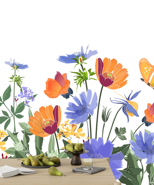 Summer Flowers Wallpaper, Seamless Pattern Mural, Oversized Custom Size Wall Art, Non-Woven, Non-Adhesive, Modern Wall Paper, Removable