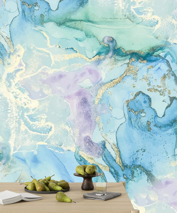Blue Marble, Purple Ink Wallpaper, Gold Abstract Mural, Oversized Custom Size Wall Art, Non-Woven, Non-Adhesive, Modern Wall Paper, Removable