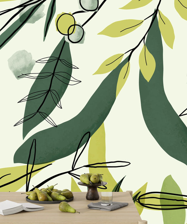 Watercolor Art Wallpaper, Green Leaves Mural, Oversized Custom Size Wall Art, Non-Woven, Non-Adhesive, Modern Wall Paper, Removable