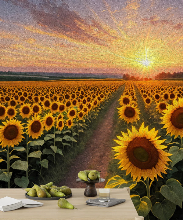 Panaroma Sunflowers, Sunset Wallpaper, Oil Painting Mural, Oversized Custom Size Wall Art, Non-Woven, Non-Adhesive, Modern Wall Paper, Removable