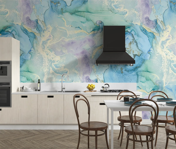 Blue Marble, Purple Ink Wallpaper, Gold Abstract Mural, Oversized Custom Size Wall Art, Non-Woven, Non-Adhesive, Modern Wall Paper, Removable