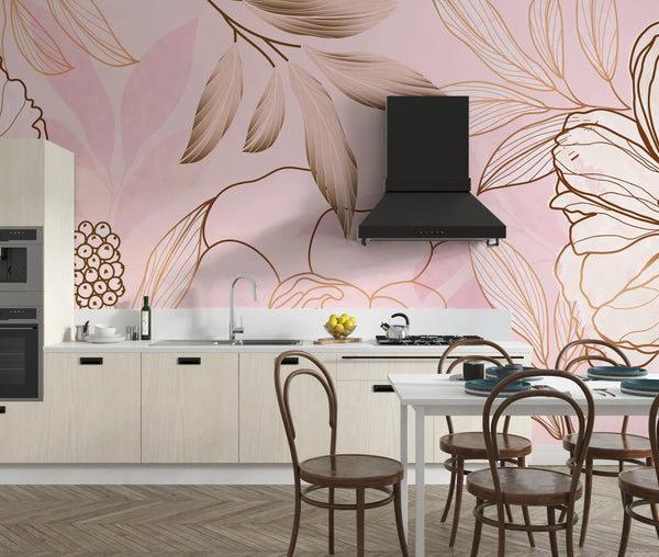 Luxury Golden, Pink Wallpaper, Tropical Flower Mural, Oversized Custom Size Wall Art, Non-Woven, Non-Adhesive, Modern Wall Paper, Removable