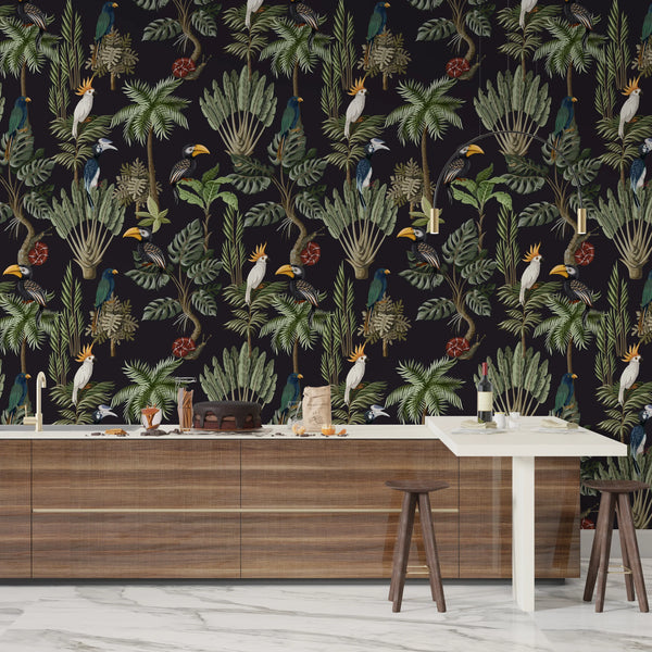 Exotic Plants and Birds Wallpaper, Forest Mural, Oversized Custom Size Wall Art, Non-Woven, Non-Adhesive, Modern Wall Paper, Removable