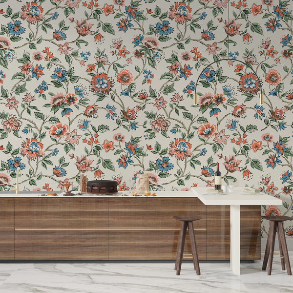 Vintage Flowers Wallpaper, Ethnic Mural, Oversized Custom Size Wall Art, Non-Woven, Non-Adhesive, Modern Wall Paper, Removable
