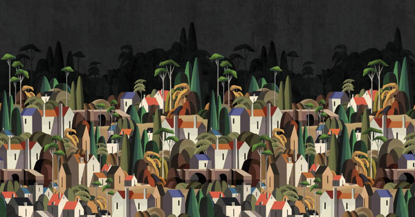 Landscape Wall Mural Houses Cityscape Stylish Wallpaper, Black Oversized Custom Size Wall Covering, Non - Woven, Non - Adhesive, Modern Large Art - Adawall Wallpaper - Registered Trade Accounts Only, Wallpaper Wholesale Account - SE318-1 - Adawall Wholesale - Wallpaper Wholesaler