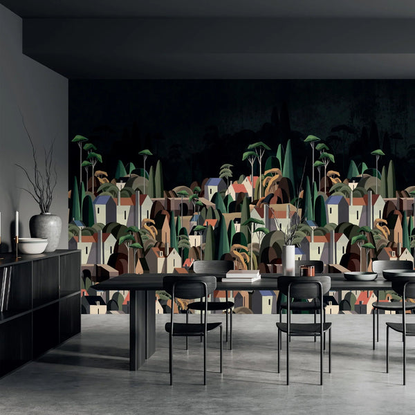Landscape Wall Mural Houses Cityscape Stylish Wallpaper, Black Oversized Custom Size Wall Covering, Non - Woven, Non - Adhesive, Modern Large Art - Adawall Wallpaper - Registered Trade Accounts Only, Wallpaper Wholesale Account - SE318-1 - Adawall Wholesale - Wallpaper Wholesaler