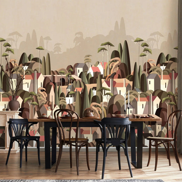 Landscape Wall Mural Houses Cityscape Stylish Wallpaper, Light Beige Oversized Custom Size Wall Covering, Non - Woven, Non - Adhesive, Modern Large Art - Adawall Wallpaper - Registered Trade Accounts Only, Wallpaper Wholesale Account - SE318-3 - Adawall Wholesale - Wallpaper Wholesaler