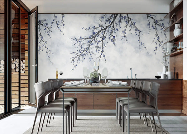 Large Blossom Tree Wallpaper, Blue Chinoiserie Nature Flowers Wall Mural, Custom Size Wall Covering, Non - Woven, Non - Pasted, Removable, Washable, Floral Art - Adawall Wallpaper - Registered Trade Accounts Only, Wallpaper Wholesale Account - FJ302-2 - Adawall Wholesale - Wallpaper Wholesaler
