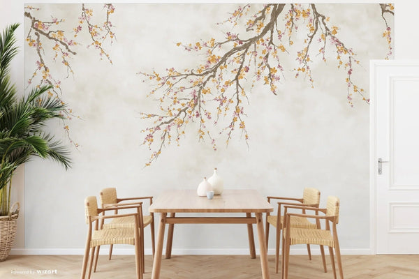 Large Blossom Tree Wallpaper, Yellow Chinoiserie Nature Flowers Wall Mural, Custom Size Wall Covering, Non - Woven, Non - Pasted, Removable, Washable, Floral Art - Adawall Wallpaper - Registered Trade Accounts Only, Wallpaper Wholesale Account - FJ302-1 - Adawall Wholesale - Wallpaper Wholesaler