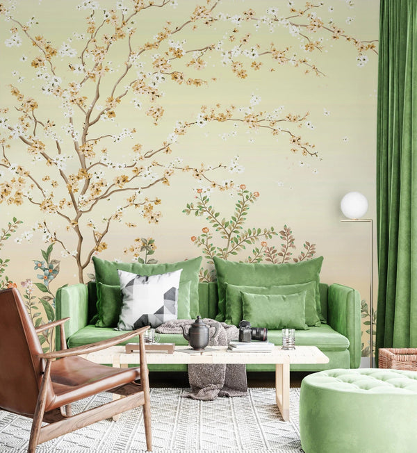 Large Chinoiserie Blossom Floral Wallpaper, Yellow Ombre Flowers Birds Wall Mural, Custom Size Wall Covering, Non - Woven, Non - Pasted, Removable - Adawall Wallpaper - Registered Trade Accounts Only, Wallpaper Wholesale Account - FJ306-3 - Adawall Wholesale - Wallpaper Wholesaler