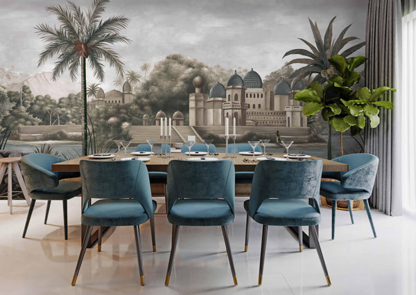 Large Tropical Indian Theme Wall Mural, India Early Morning Wallpaper, Blue Customized Wall Covering, Non-Woven, Non-Pasted, Washable, Removable - Walloro High End Wallcoverings & More