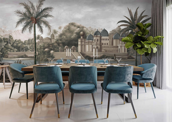Large Tropical Indian Theme Wall Mural, India Early Morning Wallpaper, Blue Customized Wall Covering, Non - Woven, Non - Pasted, Washable, Removable - Adawall Wallpaper - Registered Trade Accounts Only, Wallpaper Wholesale Account - FJ311-2 - Adawall Wholesale - Wallpaper Wholesaler