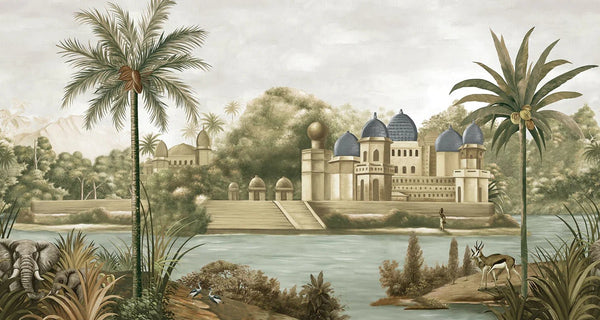 Large Tropical Indian Theme Wall Mural, India Early Morning Wallpaper, Blue Customized Wall Covering, Non - Woven, Non - Pasted, Washable, Removable - Adawall Wallpaper - Registered Trade Accounts Only, Wallpaper Wholesale Account - FJ311-2 - Adawall Wholesale - Wallpaper Wholesaler